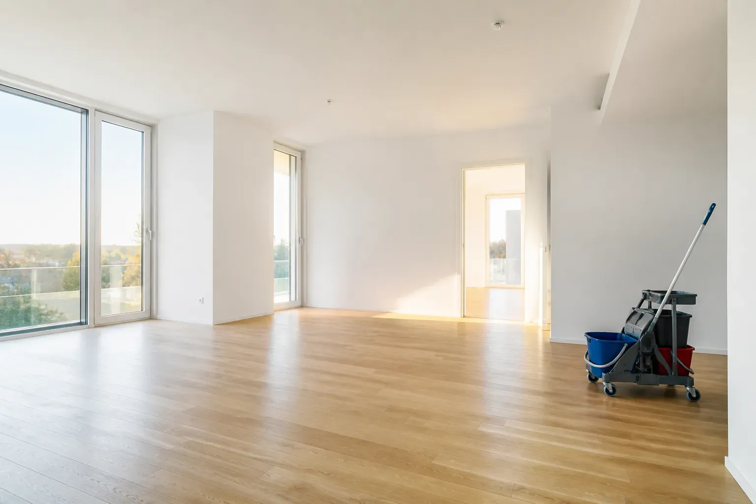 Übergabefertiger, heller Neubau-Innenraum nach der Bauendreinigung