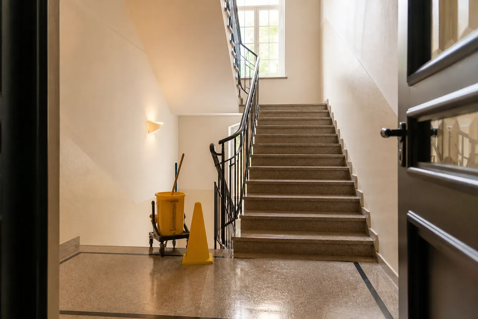 Gepflegtes, frisch gereinigtes Treppenhaus mit poliertem Steinboden